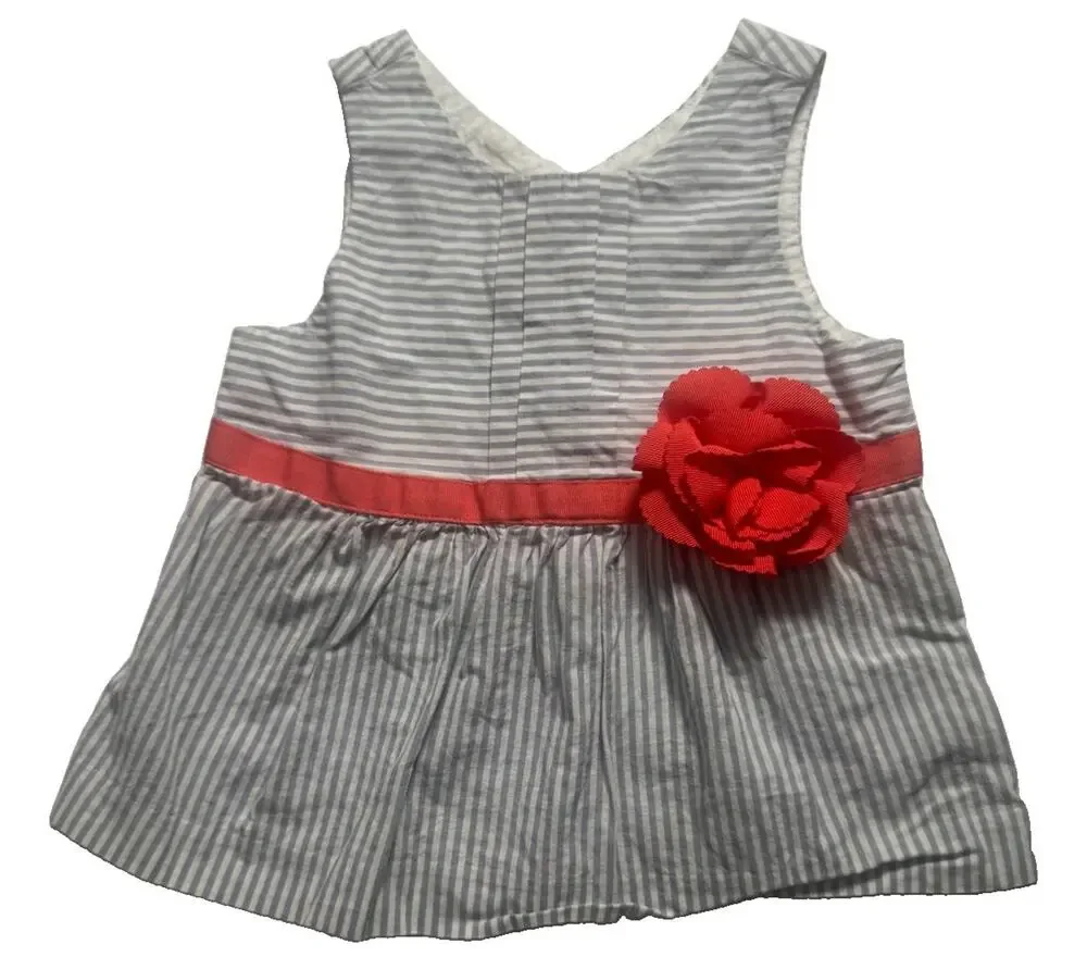 Janie and Jack Girls Blue White Stripe Dress Coral Flower 18-24 Months Cotton